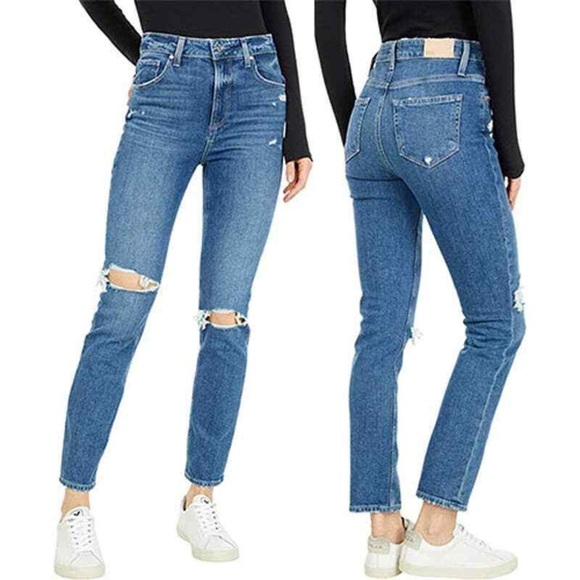 Paige Sarah Slim Distressed Knee Straight Leg High Rise Mid Wash Jeans Size 27 - Picture 2 of 13